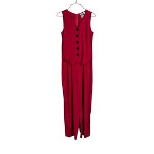 Marnie West VINTAGE Red black velvet‎ button vest pant Jumpsuit Size SMALL